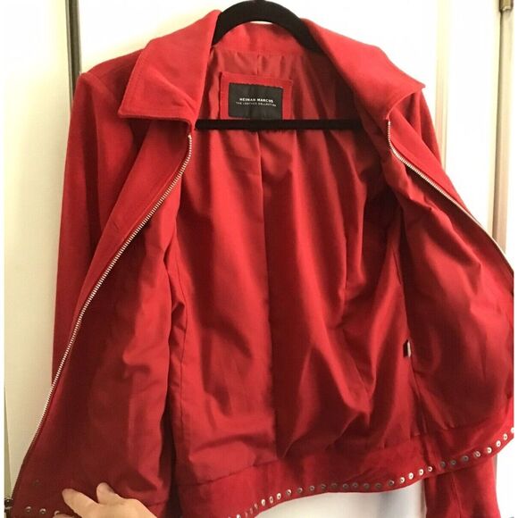 NEIMAN MARCUS Red Suede Leather Studded Moto Jacket Size Small P14682 - Picture 2 of 5